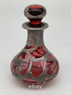 Art Nouveau Cranberry Red Glass Sterling Silver Overlay Perfume Bottle 3.25 Vtg