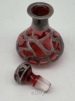 Art Nouveau Cranberry Red Glass Sterling Silver Overlay Perfume Bottle 3.25 Vtg