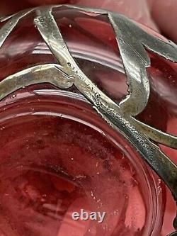 Art Nouveau Cranberry Red Glass Sterling Silver Overlay Perfume Bottle 3.25 Vtg