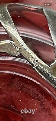 Art Nouveau Cranberry Red Glass Sterling Silver Overlay Perfume Bottle 3.25 Vtg
