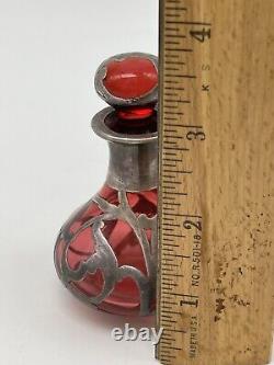Art Nouveau Cranberry Red Glass Sterling Silver Overlay Perfume Bottle 3.25 Vtg