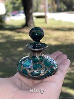 Art Nouveau Emerald Green Glass Sterling Silver Overlay Perfume Bottle 3 Vtg