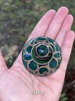 Art Nouveau Emerald Green Glass Sterling Silver Overlay Perfume Bottle 3 Vtg