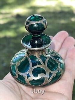 Art Nouveau Emerald Green Glass Sterling Silver Overlay Perfume Bottle 3 Vtg