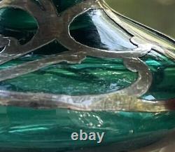 Art Nouveau Emerald Green Glass Sterling Silver Overlay Perfume Bottle 3 Vtg