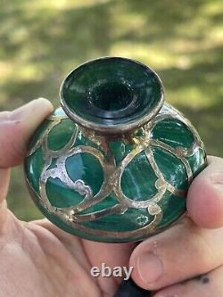 Art Nouveau Emerald Green Glass Sterling Silver Overlay Perfume Bottle 3 Vtg