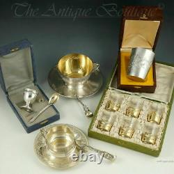 Art Nouveau French Sterling Silver Gilt Vermeil Liquor Shot Glasses, Boxed Set