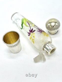 Art Nouveau French Sterling Silver and etched ice glass Opera Flask