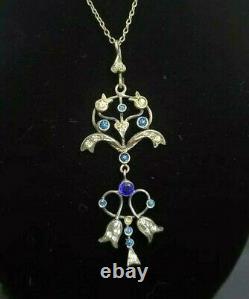 Art Nouveau Lavaliere Necklace Silver Pendant Antique Edwardian Blue Paste