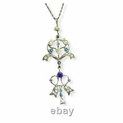 Art Nouveau Lavaliere Necklace Silver Pendant Antique Edwardian Blue Paste