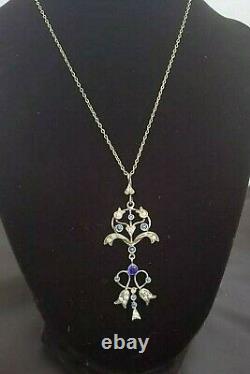 Art Nouveau Lavaliere Necklace Silver Pendant Antique Edwardian Blue Paste