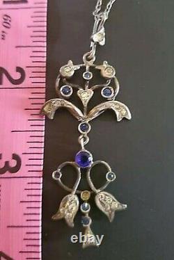 Art Nouveau Lavaliere Necklace Silver Pendant Antique Edwardian Blue Paste