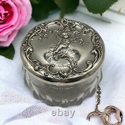 Art Nouveau Monogram Angel Cherub Rose Sterling Silver Lid Cut Glass Powder Jar