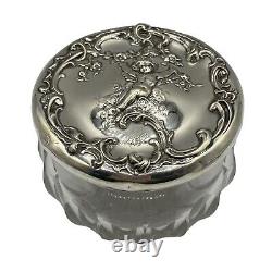 Art Nouveau Monogram Angel Cherub Rose Sterling Silver Lid Cut Glass Powder Jar