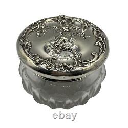 Art Nouveau Monogram Angel Cherub Rose Sterling Silver Lid Cut Glass Powder Jar