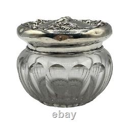 Art Nouveau Monogram Angel Cherub Rose Sterling Silver Lid Cut Glass Powder Jar
