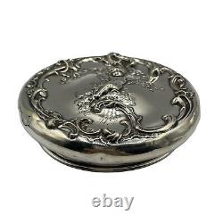 Art Nouveau Monogram Angel Cherub Rose Sterling Silver Lid Cut Glass Powder Jar