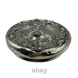 Art Nouveau Monogram Angel Cherub Rose Sterling Silver Lid Cut Glass Powder Jar