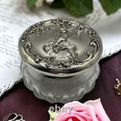 Art Nouveau Monogram Angel Cherub Rose Sterling Silver Lid Cut Glass Powder Jar