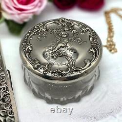 Art Nouveau Monogram Angel Cherub Rose Sterling Silver Lid Cut Glass Powder Jar