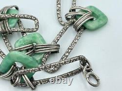 Art Nouveau Sterling Silver Green Peeking Glass Antique Link Necklace