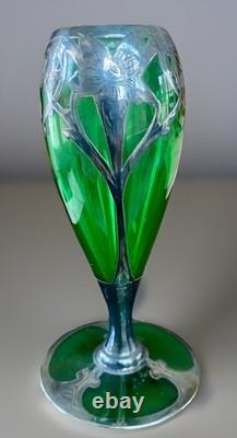 Art Nouveau Sterling Silver Overlay Emerald Green Glass Vase 5 Iris
