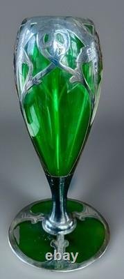 Art Nouveau Sterling Silver Overlay Emerald Green Glass Vase 5 Iris