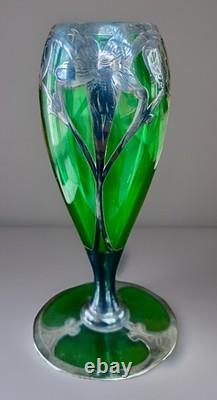 Art Nouveau Sterling Silver Overlay Emerald Green Glass Vase 5 Iris