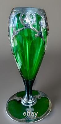 Art Nouveau Sterling Silver Overlay Emerald Green Glass Vase 5 Iris