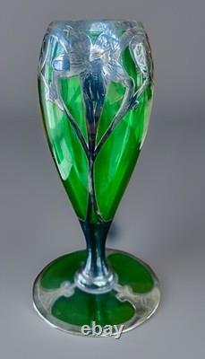 Art Nouveau Sterling Silver Overlay Emerald Green Glass Vase 5 Iris