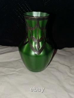 Art Nouveau Sterling Silver Overlay Green Glass 4 Vase, c. 1910 883 vintage