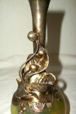 Art Nouveau Sterling Silver Repousse Vase Glass Hand Blown Overlay Berries Leaf