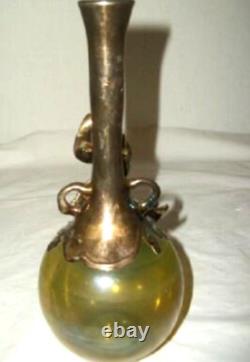 Art Nouveau Sterling Silver Repousse Vase Glass Hand Blown Overlay Berries Leaf