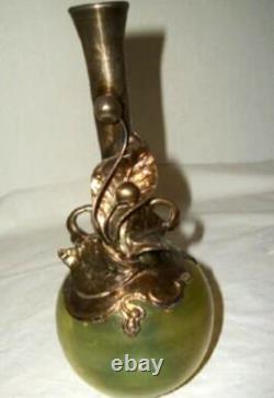 Art Nouveau Sterling Silver Repousse Vase Glass Hand Blown Overlay Berries Leaf