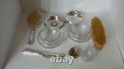 Art Nouveau Wm. Kerr Sterling Silver Cut Glass Six Item Dresser Vanity Set