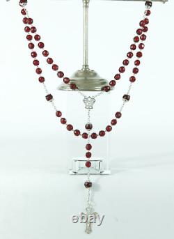 Art Nouveau french antique Rosary garnet glass & sterling silver rosary