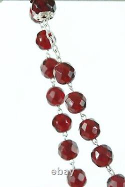 Art Nouveau french antique Rosary garnet glass & sterling silver rosary