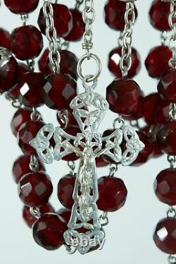 Art Nouveau french antique Rosary garnet glass & sterling silver rosary