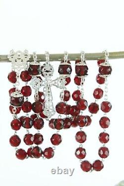 Art Nouveau french antique Rosary garnet glass & sterling silver rosary