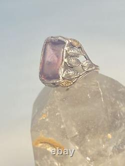 Art Nouveau ring purple glass leaves pinky sterling silver arts and crafts movem