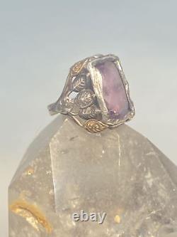 Art Nouveau ring purple glass leaves pinky sterling silver arts and crafts movem