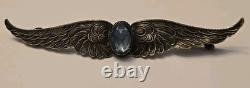 Art deco Sterling Silver Large Wing Brooch/ Pin With Cut Glass Center