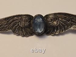 Art deco Sterling Silver Large Wing Brooch/ Pin With Cut Glass Center