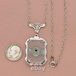 Art deco sterling silver vintage filigree camphor glass necklace size 17in