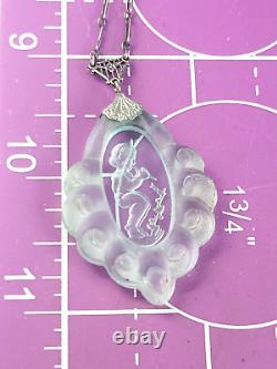 Art nouveau Pan playing flute frosted glass sterling silver lavalier necklace