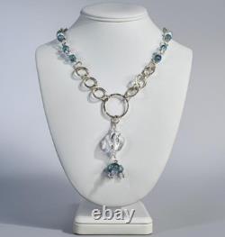 Artisan 925 Sterling Silver Textured Ring Link Blue Art Glass Drop Necklace 20