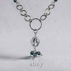 Artisan 925 Sterling Silver Textured Ring Link Blue Art Glass Drop Necklace 20