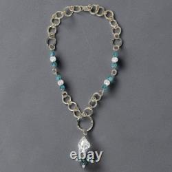 Artisan 925 Sterling Silver Textured Ring Link Blue Art Glass Drop Necklace 20