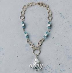 Artisan 925 Sterling Silver Textured Ring Link Blue Art Glass Drop Necklace 20