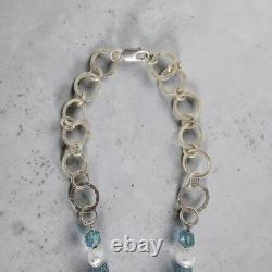 Artisan 925 Sterling Silver Textured Ring Link Blue Art Glass Drop Necklace 20